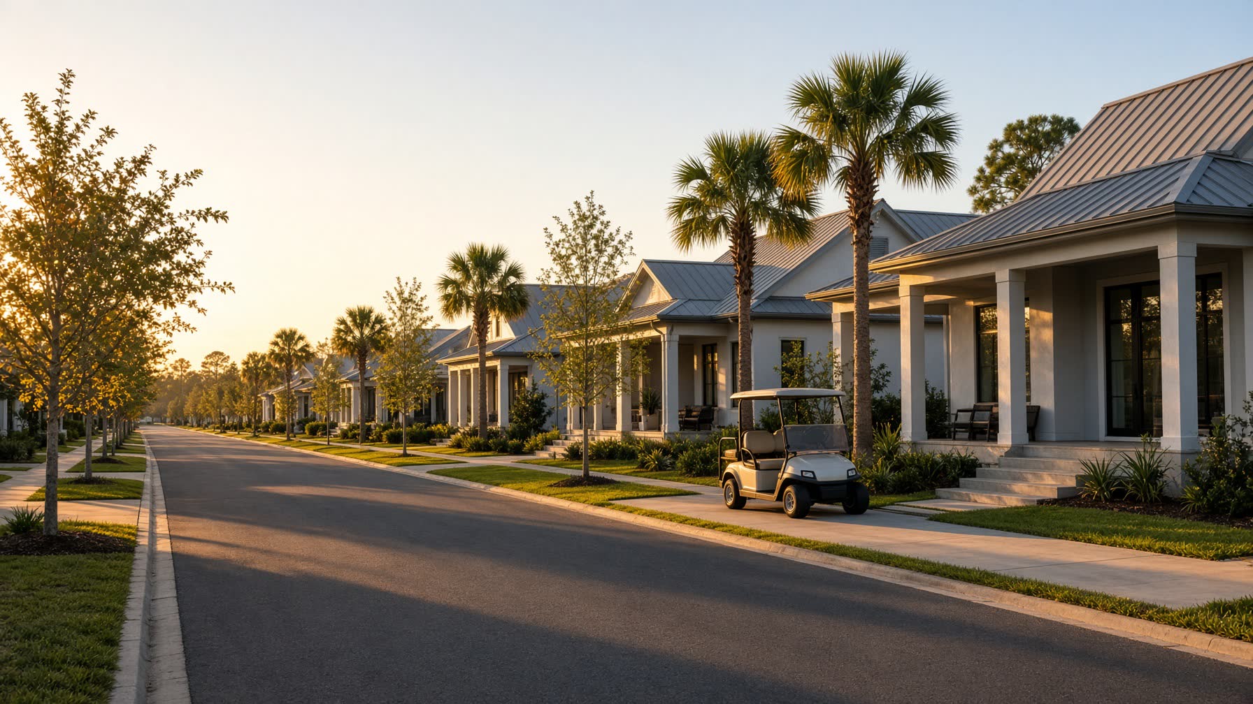 Tree-lined street of new Babcock Ranch homes at golden hour